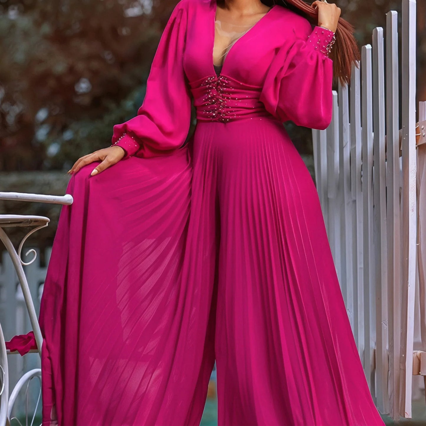 Women's Plus Size Deep V-Neck Bead Mesh Wide Leg Jumpsuit Long Sleeve High Waist Lantern Rompers V Neck Peard Diamond Bodysuit