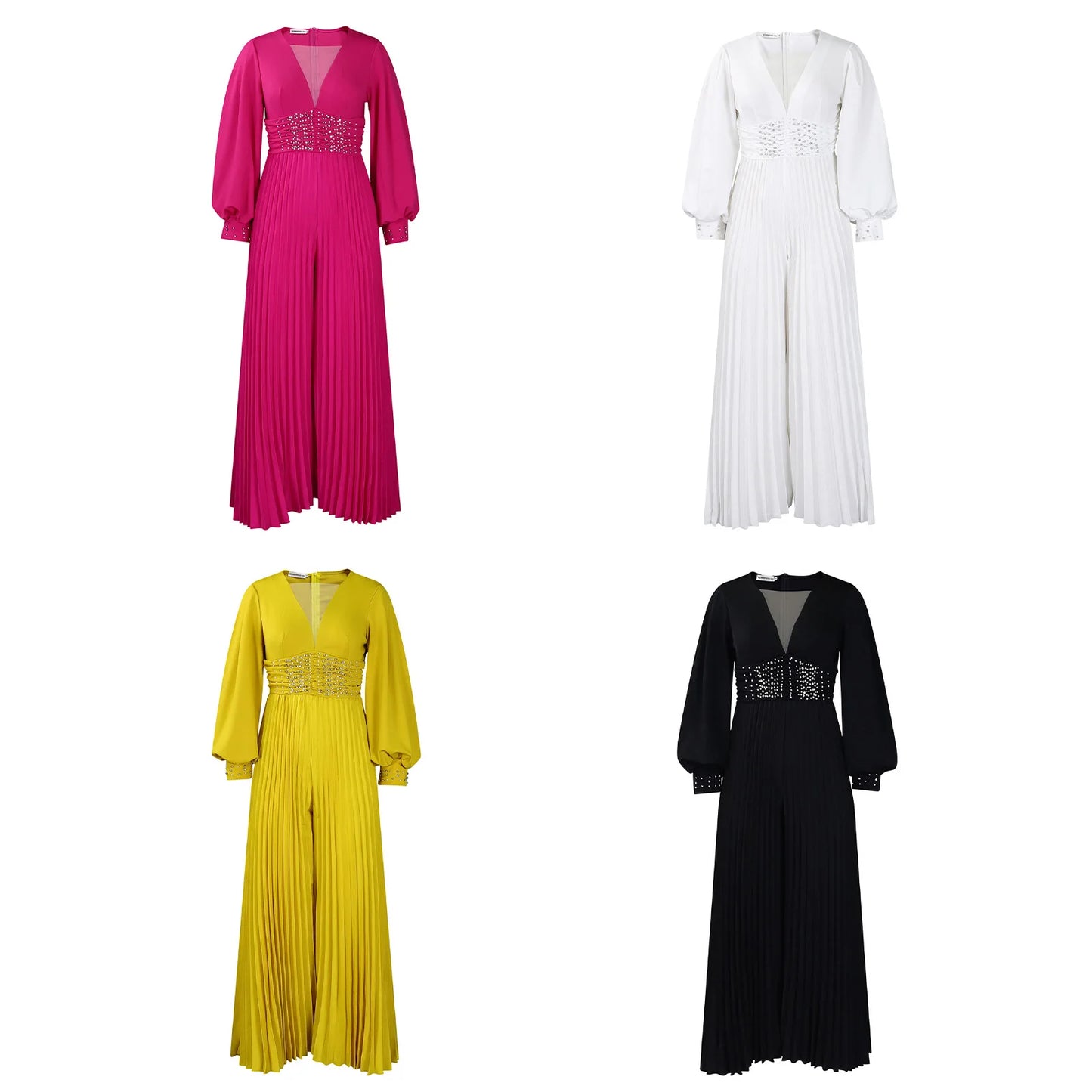 Women's Plus Size Deep V-Neck Bead Mesh Wide Leg Jumpsuit Long Sleeve High Waist Lantern Rompers V Neck Peard Diamond Bodysuit
