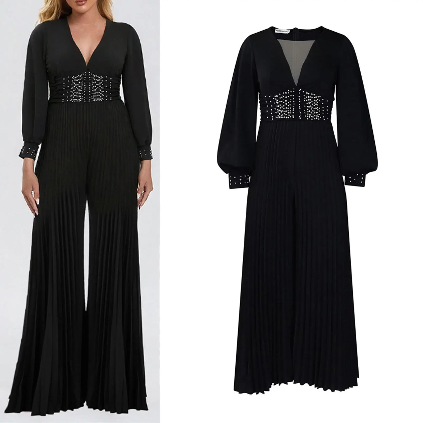 Women's Plus Size Deep V-Neck Bead Mesh Wide Leg Jumpsuit Long Sleeve High Waist Lantern Rompers V Neck Peard Diamond Bodysuit