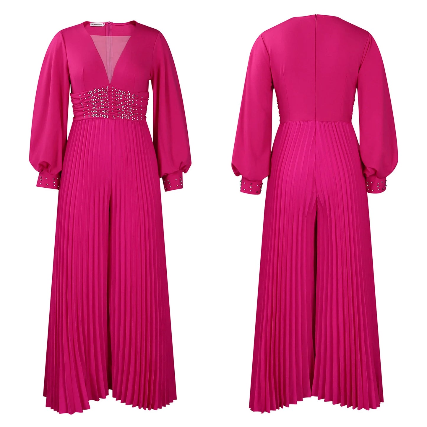 Women's Plus Size Deep V-Neck Bead Mesh Wide Leg Jumpsuit Long Sleeve High Waist Lantern Rompers V Neck Peard Diamond Bodysuit
