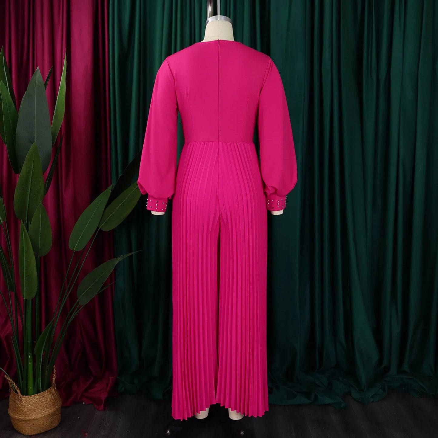 Women's Plus Size Deep V-Neck Bead Mesh Wide Leg Jumpsuit Long Sleeve High Waist Lantern Rompers V Neck Peard Diamond Bodysuit