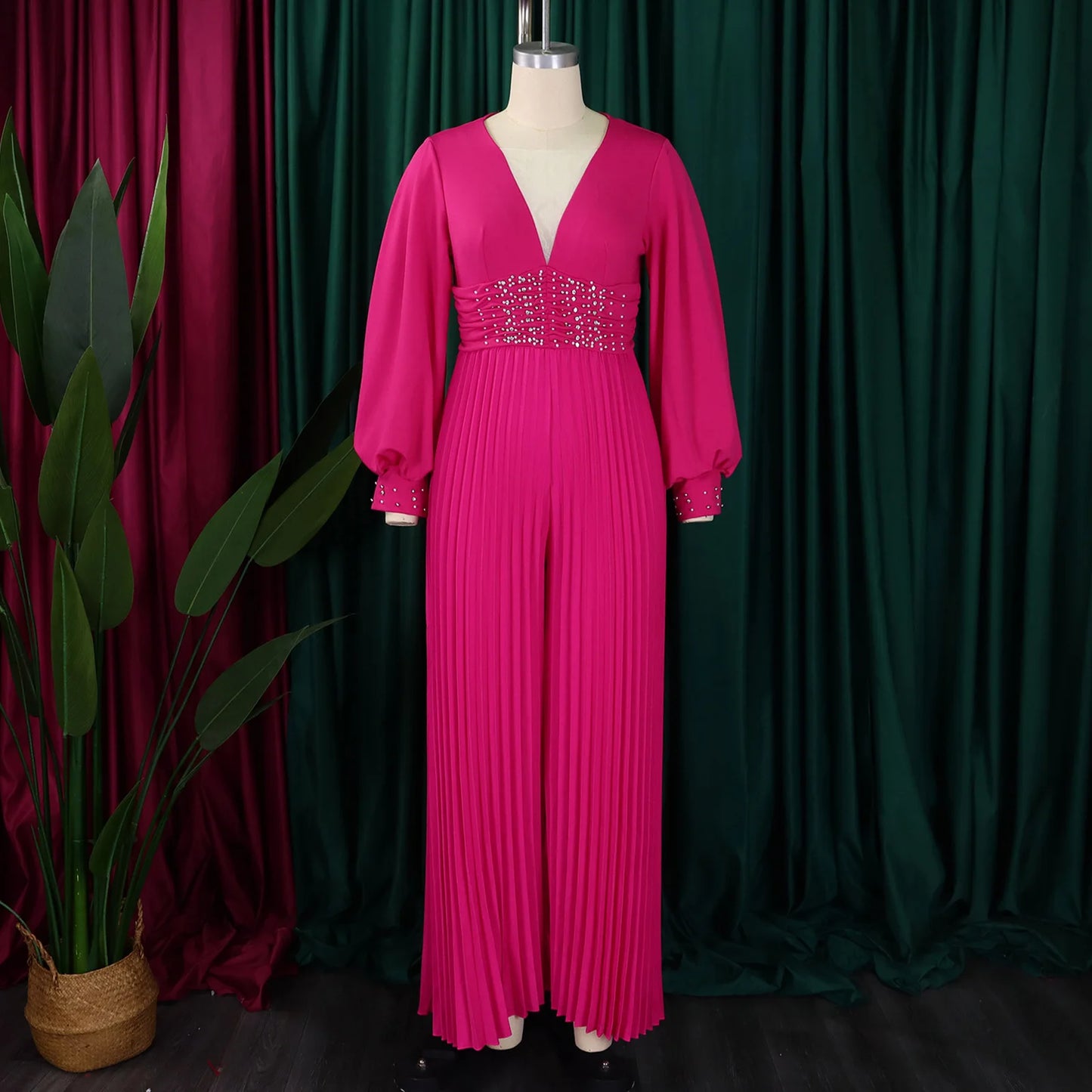 Women's Plus Size Deep V-Neck Bead Mesh Wide Leg Jumpsuit Long Sleeve High Waist Lantern Rompers V Neck Peard Diamond Bodysuit