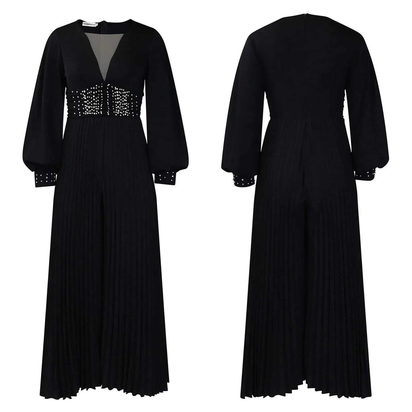 Women's Plus Size Deep V-Neck Bead Mesh Wide Leg Jumpsuit Long Sleeve High Waist Lantern Rompers V Neck Peard Diamond Bodysuit